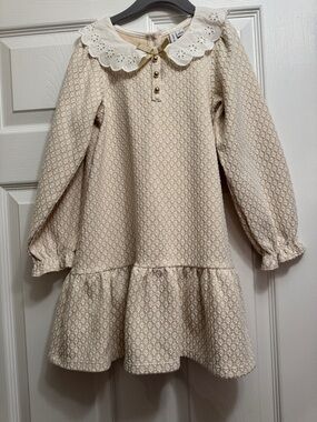 Janie and Jack Cream Eyelet-Collar Textured Long-Sleeve Dress
